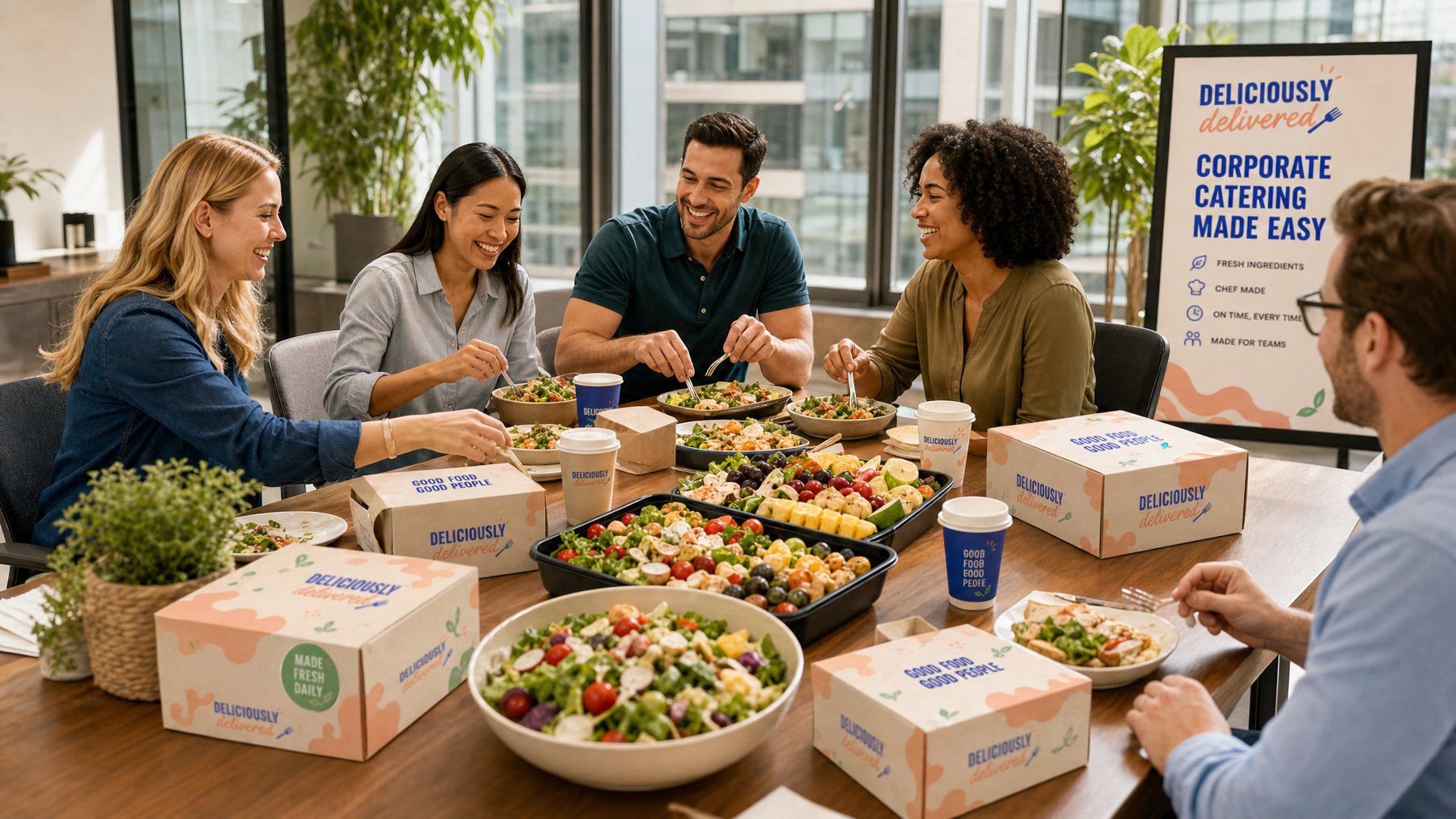 Team sharing a Deliciously Delivered catering spread around an office table